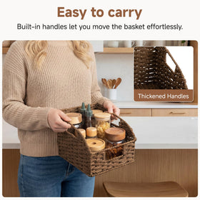 Handwoven round basket with three handles for secure, portable storage.