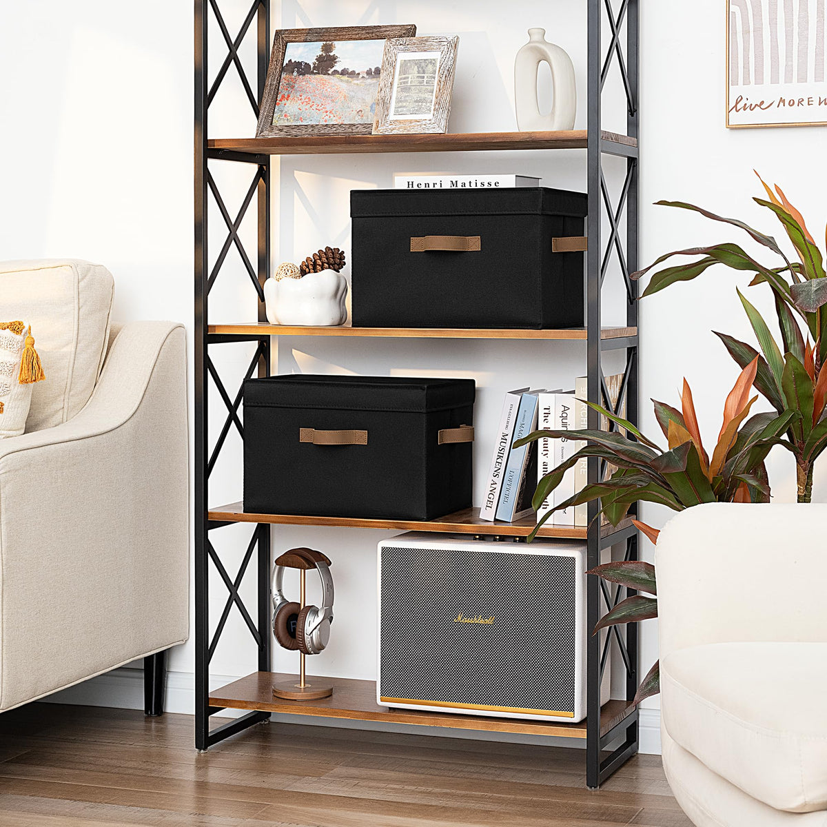 StorageWorks stackable bins on shelves maximize space and keep items accessible.