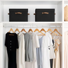 StorageWorks stackable bins optimize shelves and roomier organization.