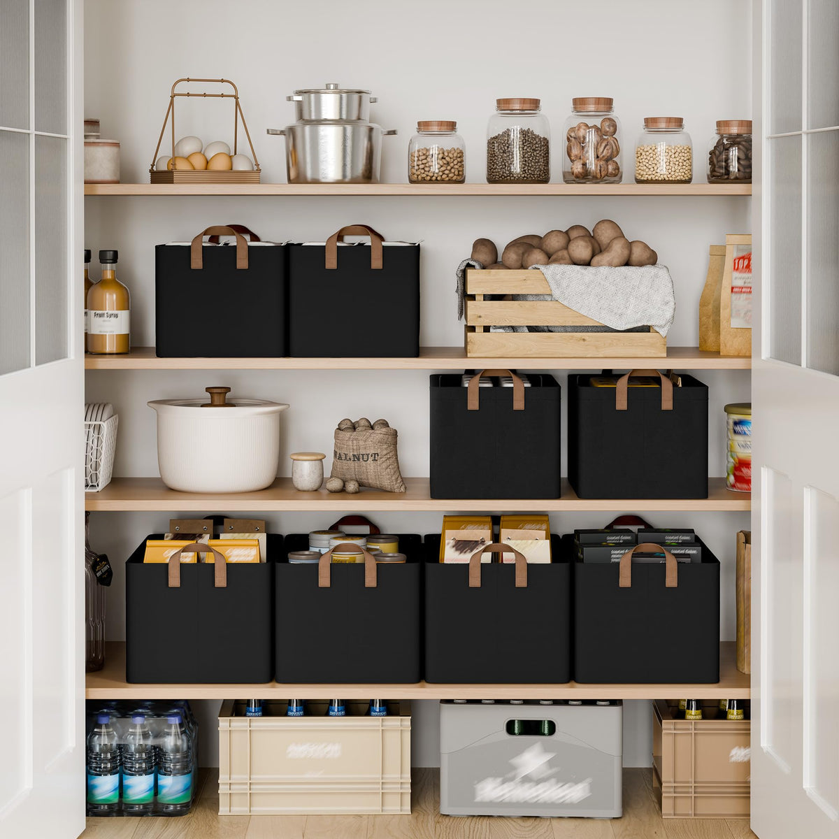 StorageWorks storage bins folded for space-saving storage when not in use.