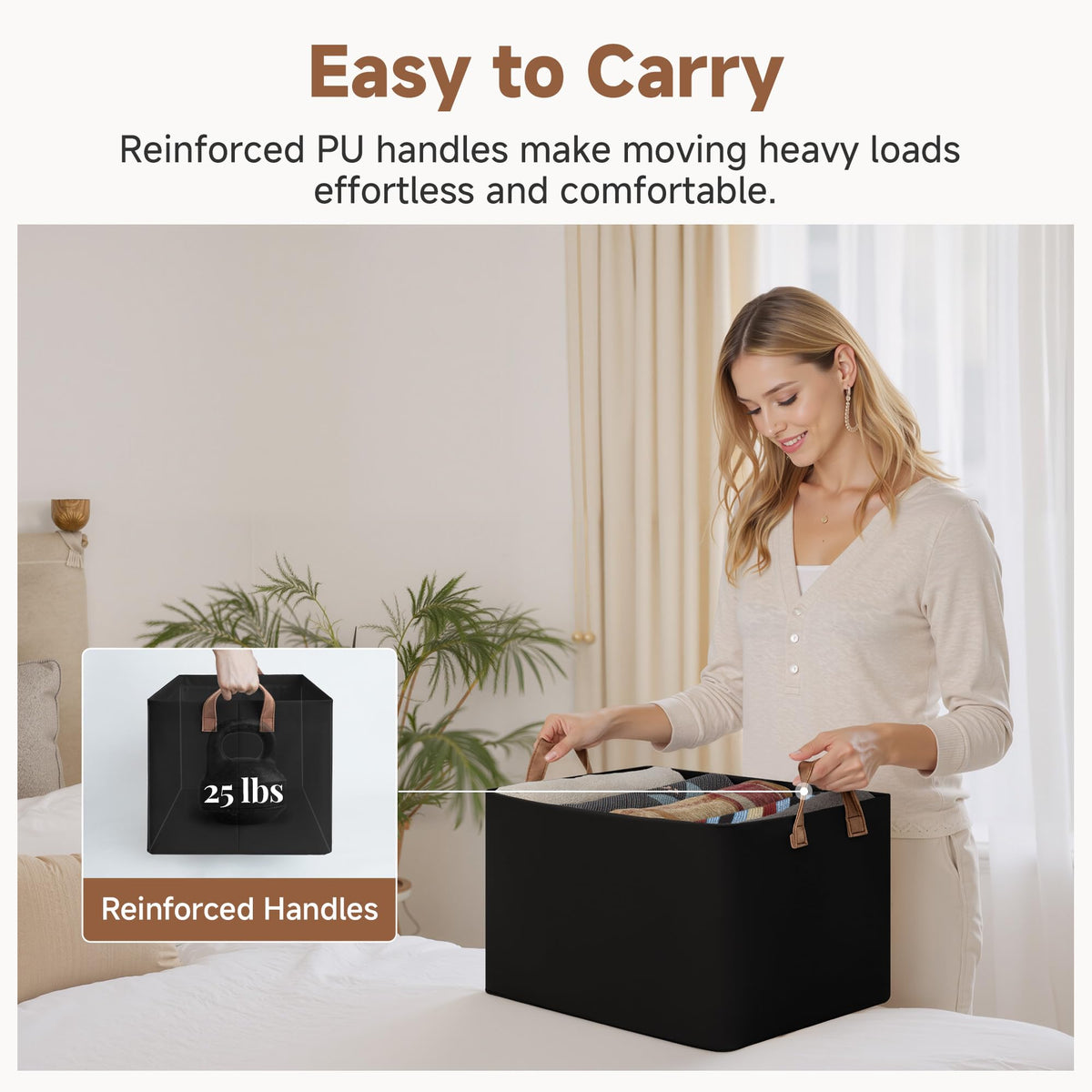 StorageWorks storage bins with two handles for easy carrying.