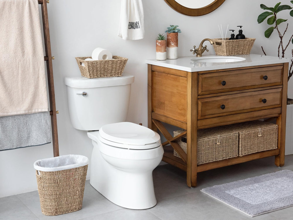 Compact 13x7.5x12.25 inch basket fits bathrooms or desks