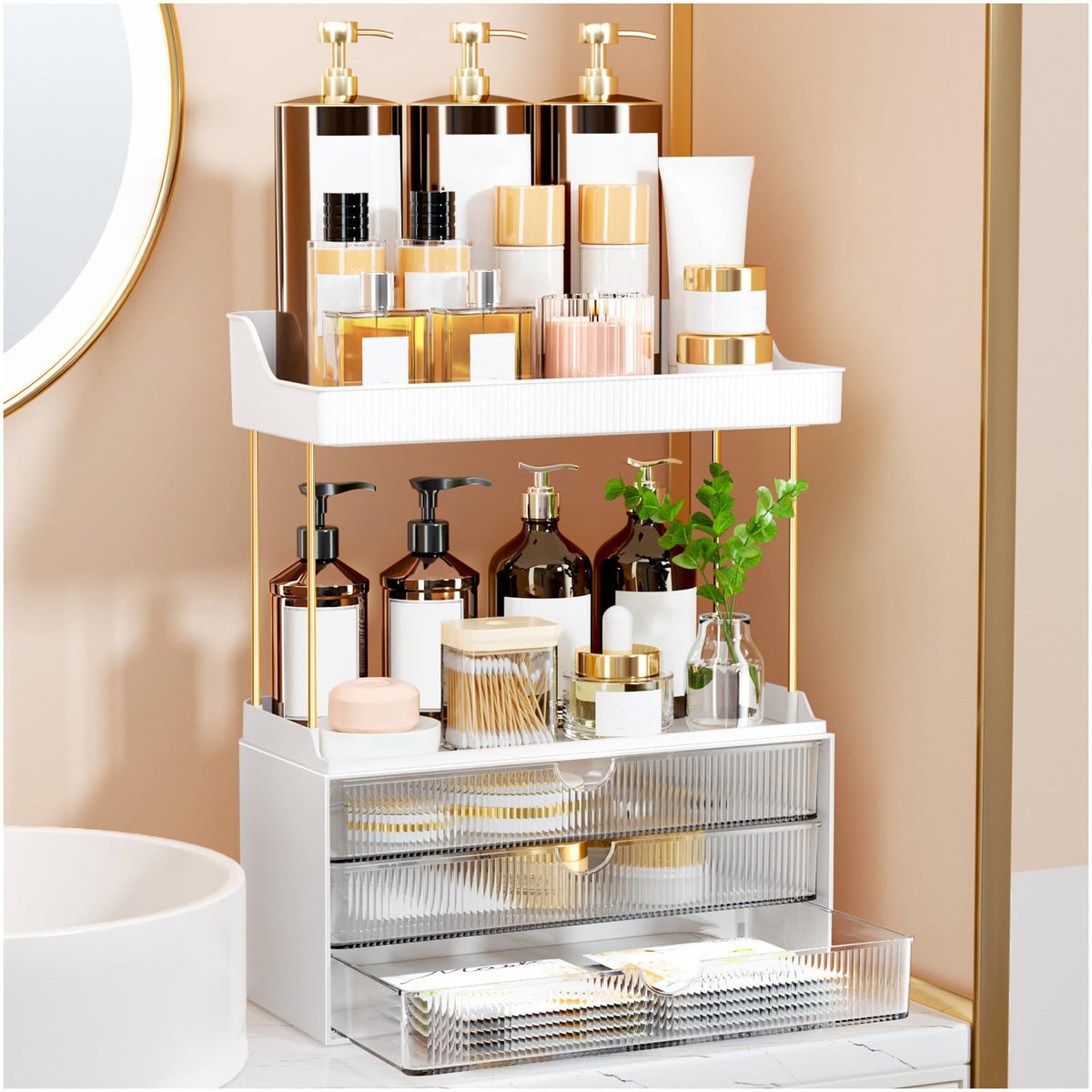 StorBin 3-drawer bathroom organizer front view for easy cosmetics access