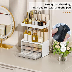 StorBin on vanity demonstrates compact storage for skincare and makeup