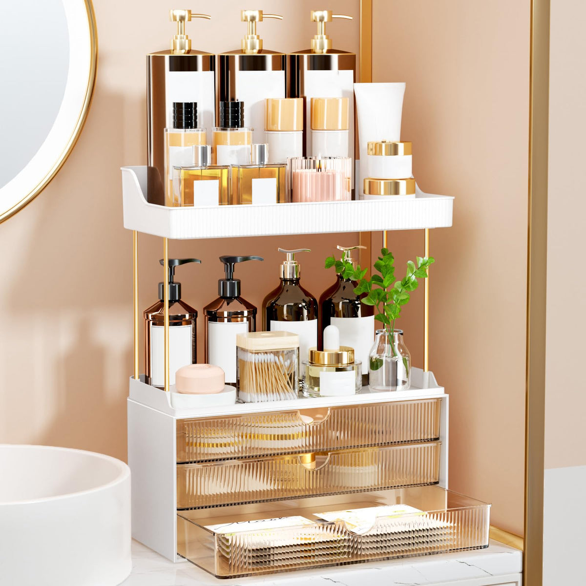 StorBin 3 large drawers makeup organizer front view shows organized cosmetics for easy access.