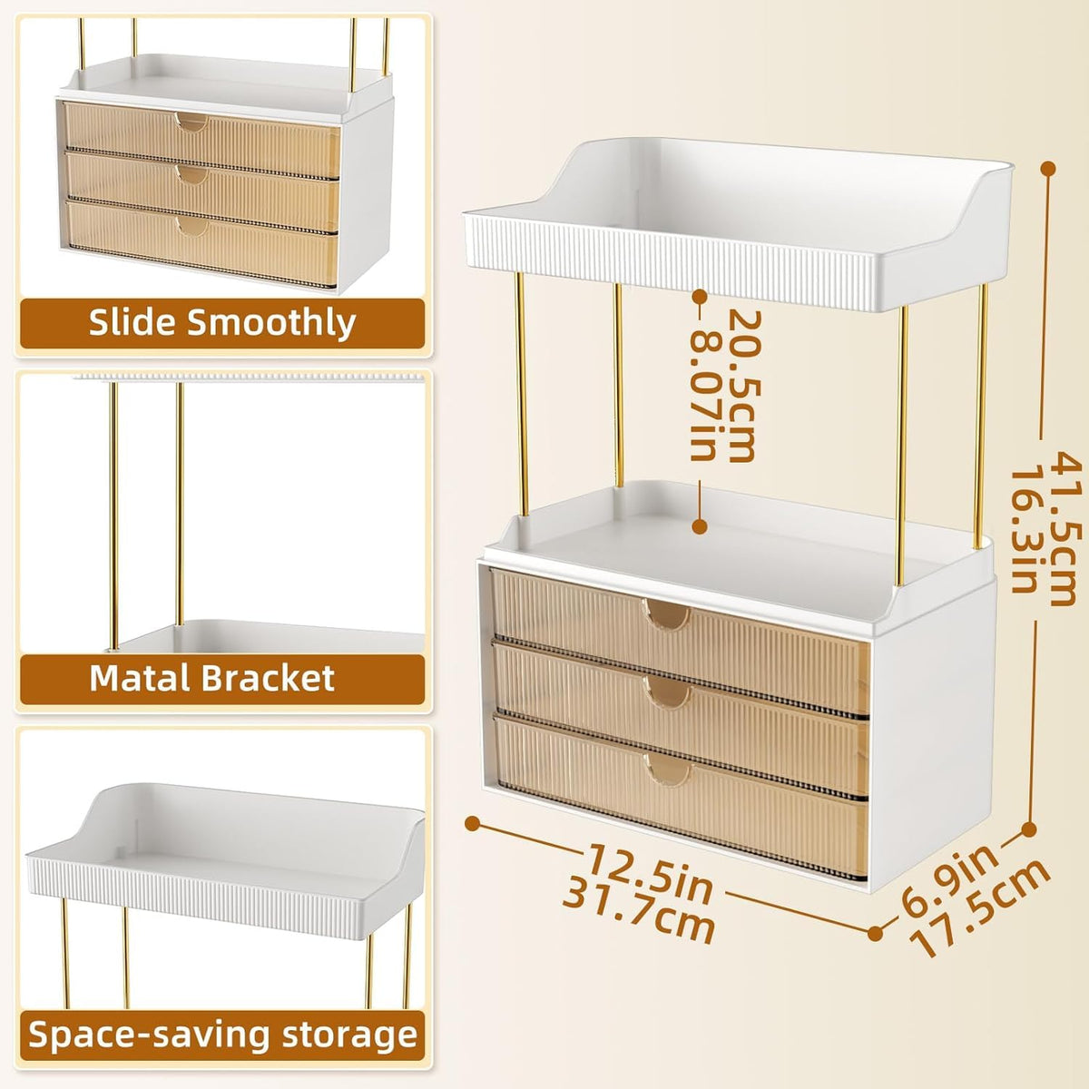 StorBin 3 large drawers makeup organizer top shelf stores perfumes and skincare neatly.