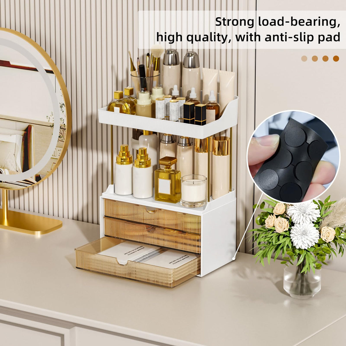 StorBin amber-colored makeup organizer adds style on your bathroom counter.
