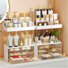 StorBin bathroom makeup organizer with top drawer for perfumes and skincare.