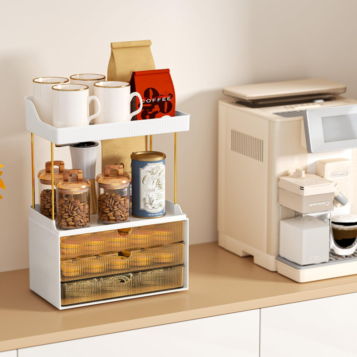 StorBin five-tier countertop storage shelves maximize counter space and accessibility.