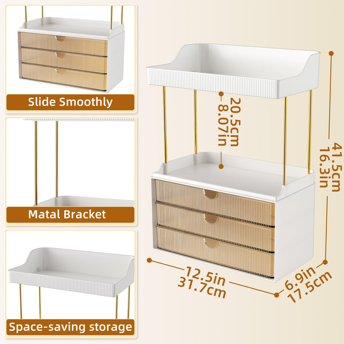 StorBin vanity organizer with sliding drawers keeps palettes and tools within reach.