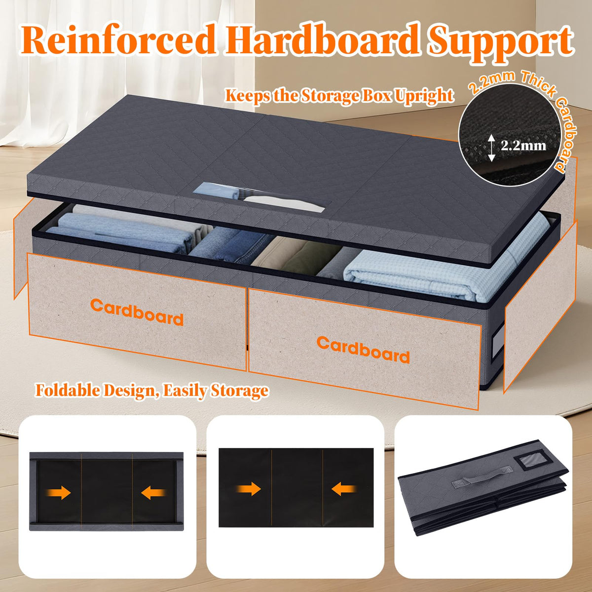 StoreHappily bin features 3-sided reinforced handles for easy sliding from beneath the bed.