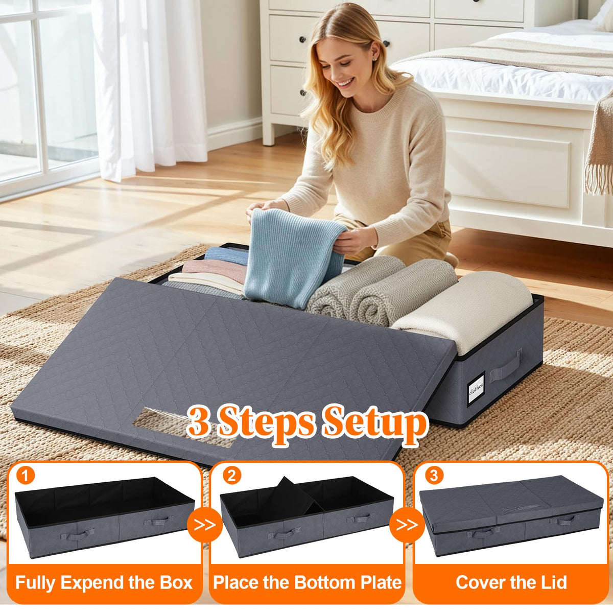 StoreHappily gray under-bed storage adapts to dorms and apartments for organized bedding.
