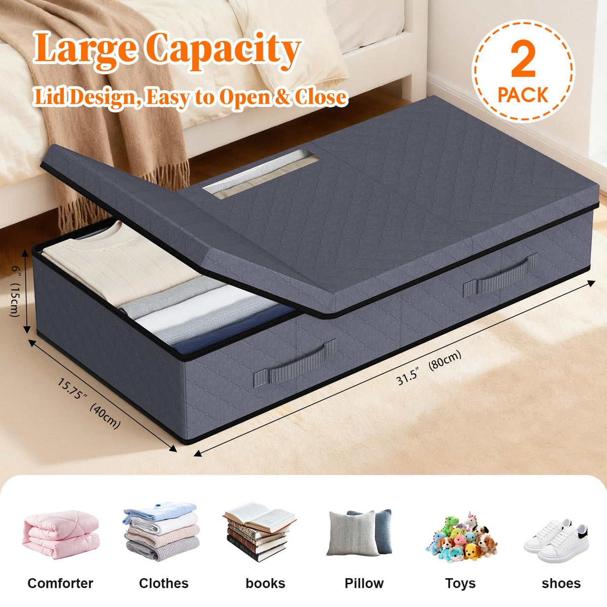StoreHappily foldable under-bed bin offers quick access when you need off-season clothes.