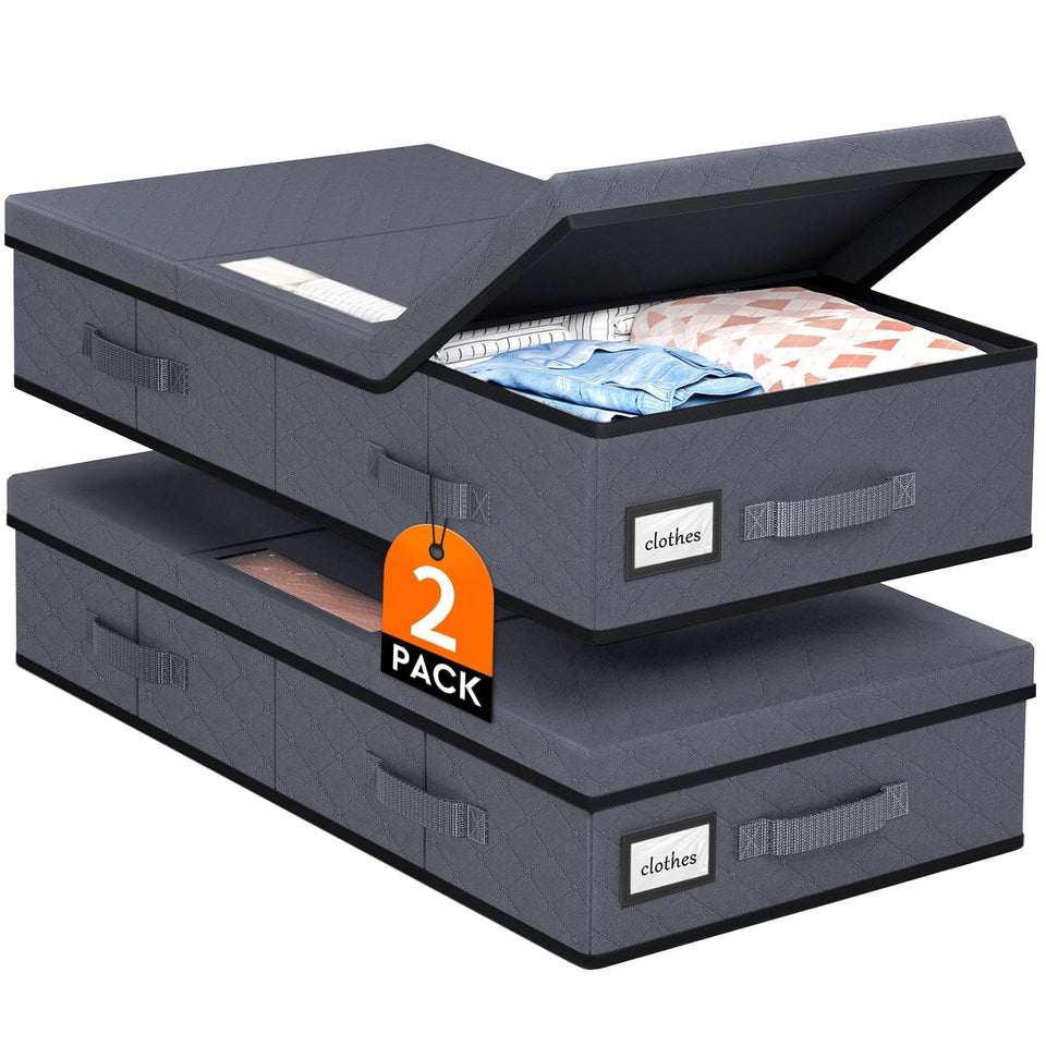 StoreHappily under-bed storage 2-pack with gray lids keeps blankets dust-free and organized.