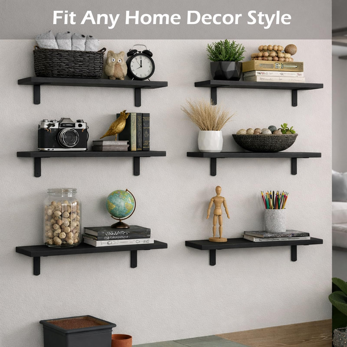 StorelySpace floating shelves create a stylish living room display.