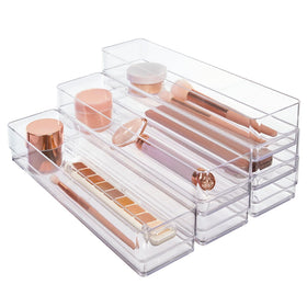 STORi SimpleSort 6-piece stackable drawer organizer set in clear rectangular trays for neat cosmetics and desk needs.