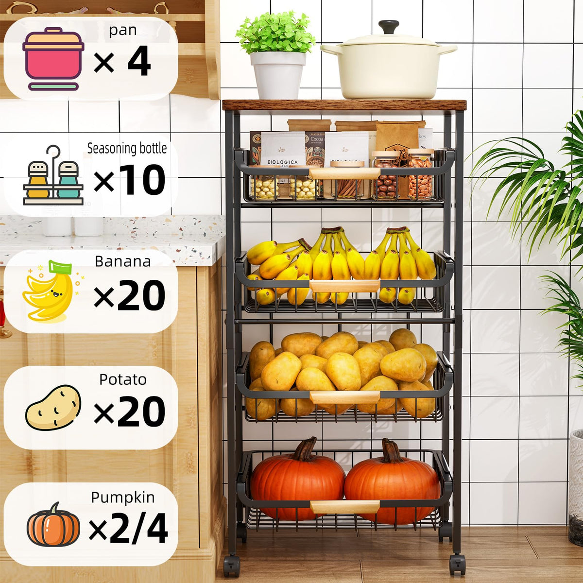 Storico 5-tier cart with mesh baskets keeps items organized and accessible.