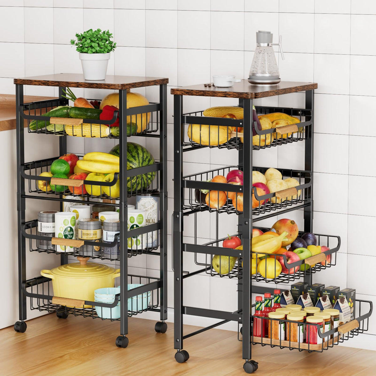 Storico 5-tier cart with wooden top provides stylish extra workspace in the kitchen.