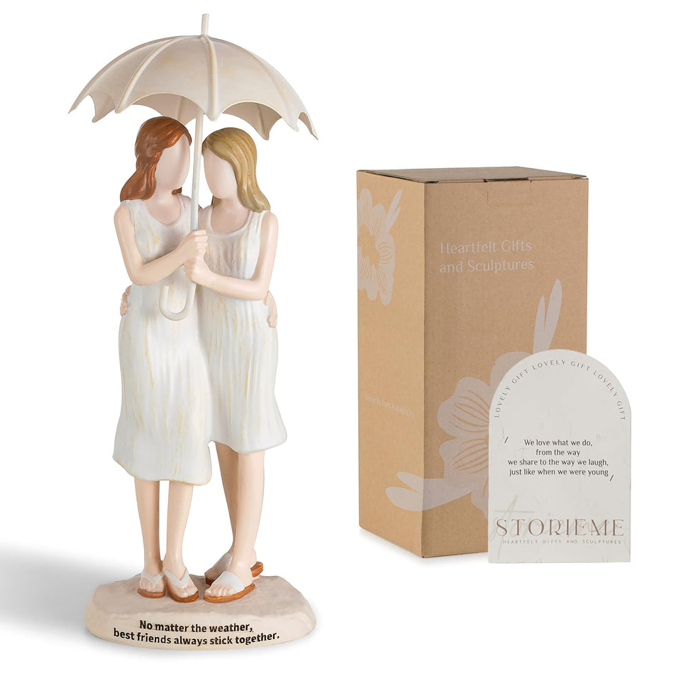 Storieme best-friend figurine under a rain umbrella, ideal as a thoughtful friendship gift.