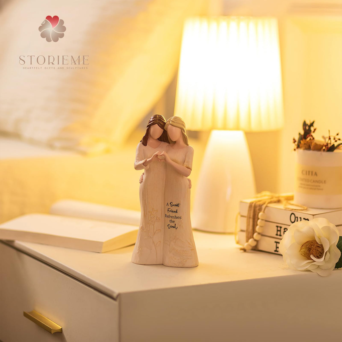 Storieme best-friend-figurine shelf-decor enhances spaces with a personal touch.