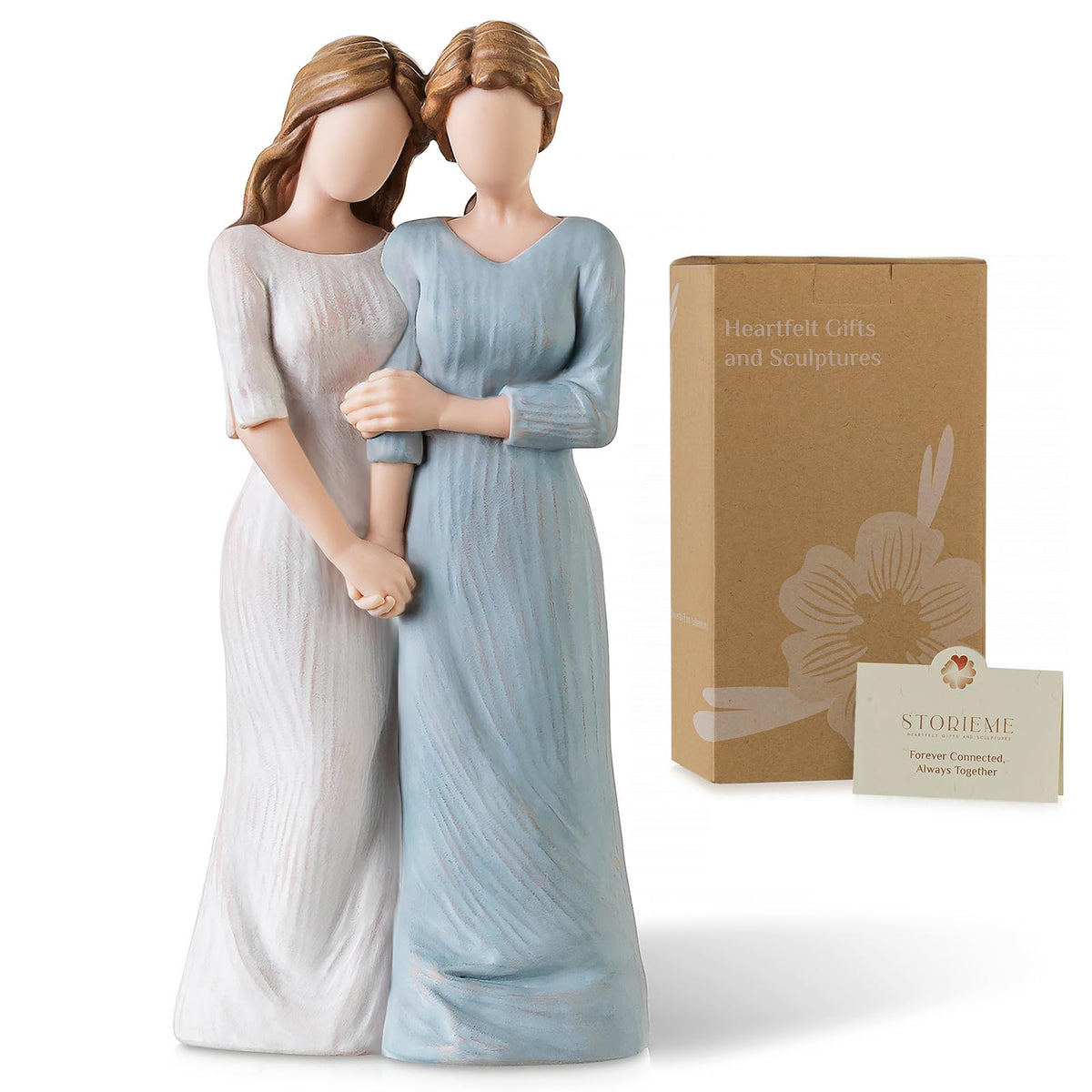 Storieme bride holding mom's arm figurine, a tender wedding moment keeper.
