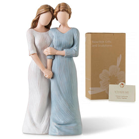 Storieme bride holding mom's arm figurine, a tender wedding moment keeper.