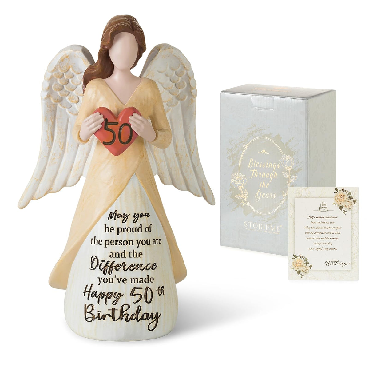 Storieme gift-ready box with 50th birthday angel sculpture for easy gifting.