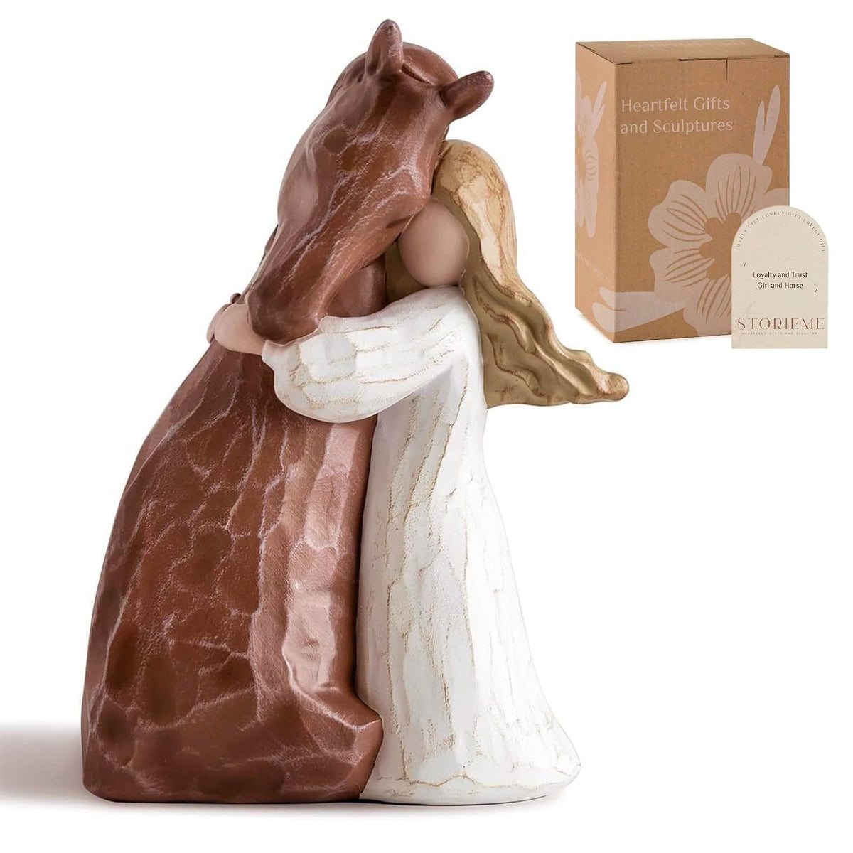 Storieme girl embracing horse figurine for sentimental display.