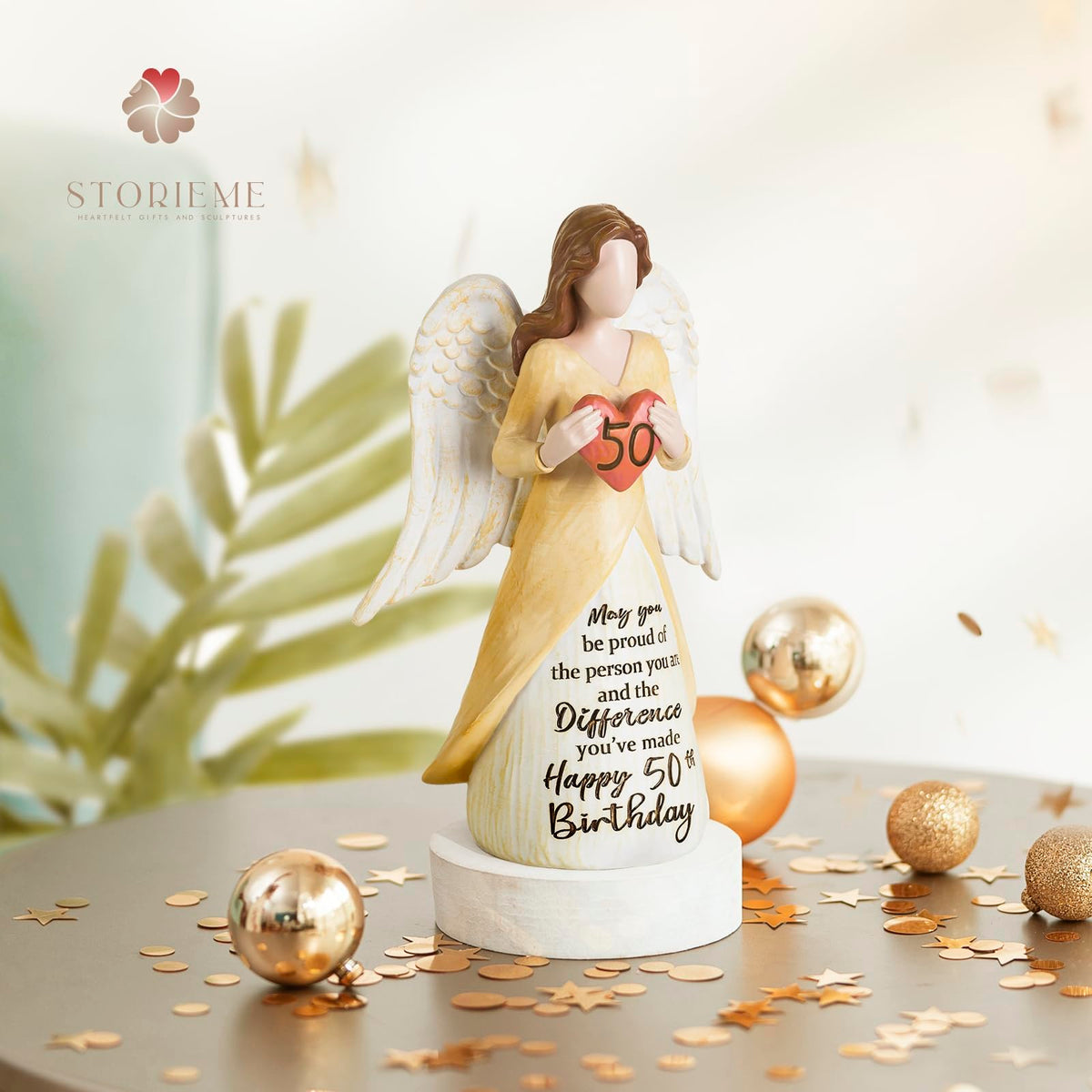 Storieme hand-painted 50th birthday angel figurine adds colorful home decor.