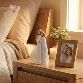 Storieme back hug decor piece celebrates family moments on a shelf or mantel.