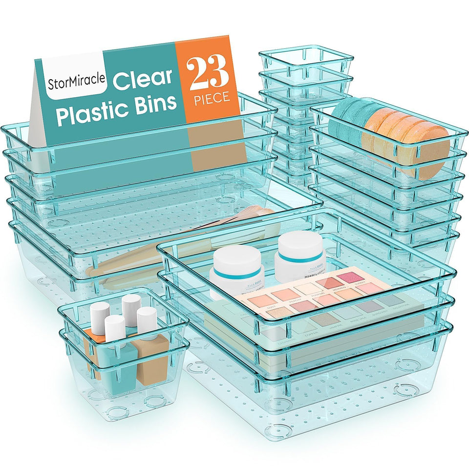 StorMiracle 23-piece drawer organizer set in clear trays for clutter-free drawers.
