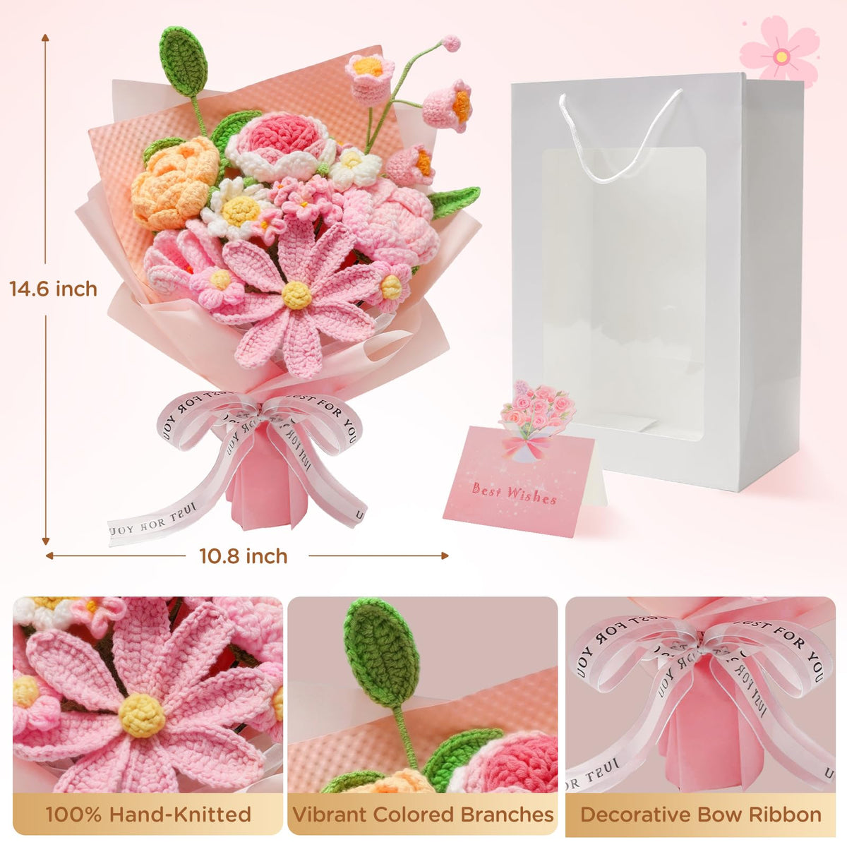 Stowcove pink crochet roses and tulip arrangement for gifting.