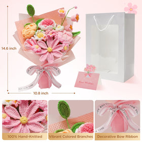 Stowcove pink crochet roses and tulip arrangement for gifting.