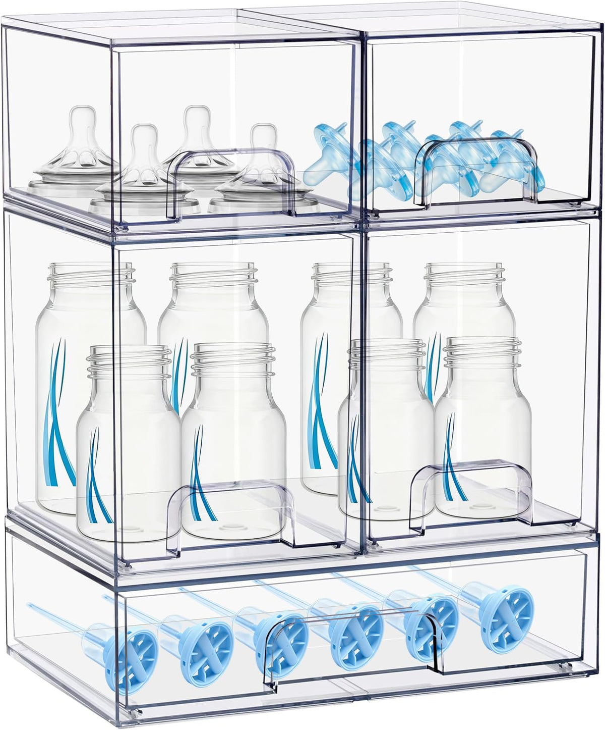 Stowgo baby bottle organizer 5-pack showing stacked drawers for clutter-free nursery storage.