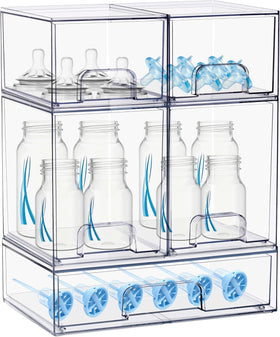 Stowgo baby bottle organizer 5-pack showing stacked drawers for clutter-free nursery storage.