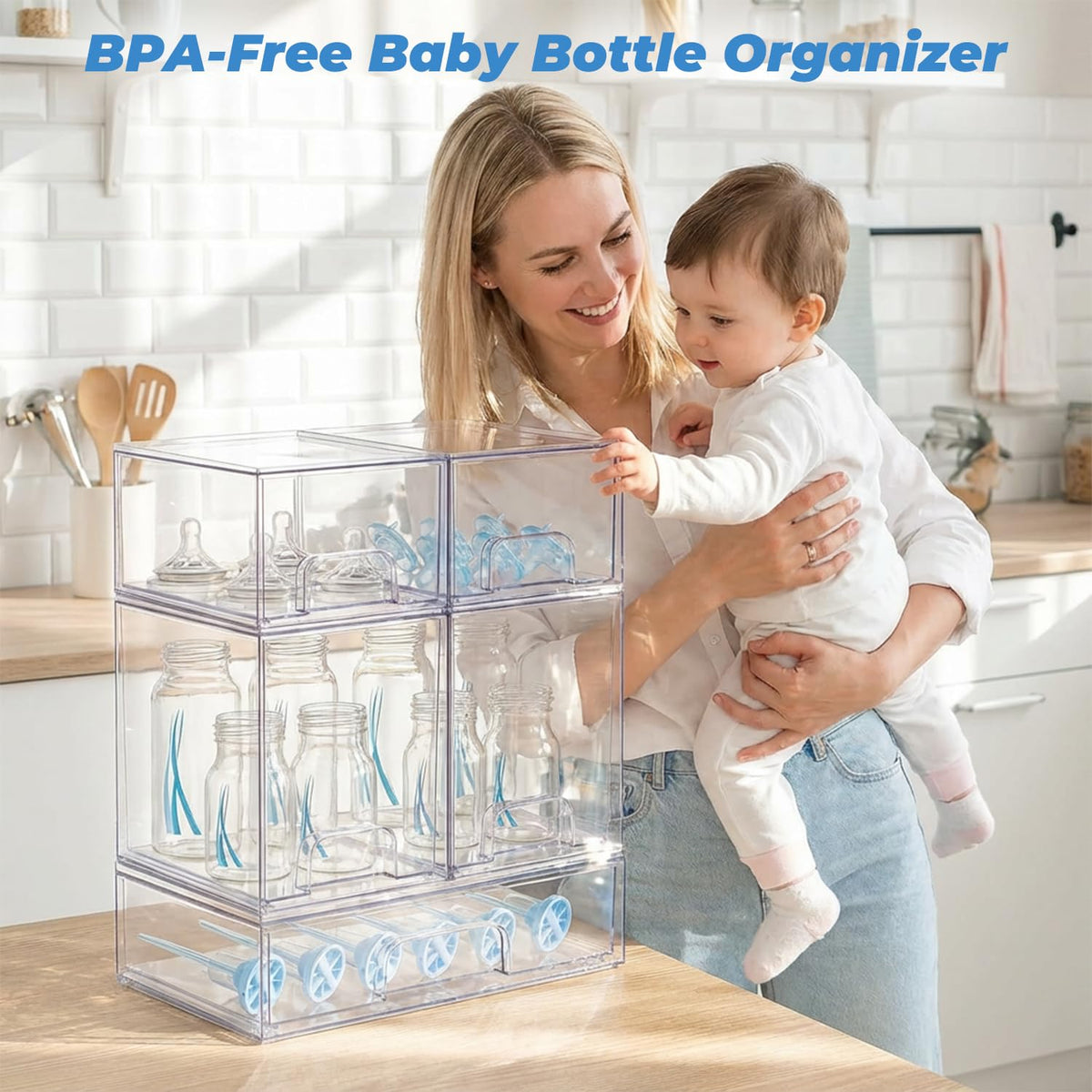 Stowgo clear acrylic bottle station front view with visible contents for quick access.