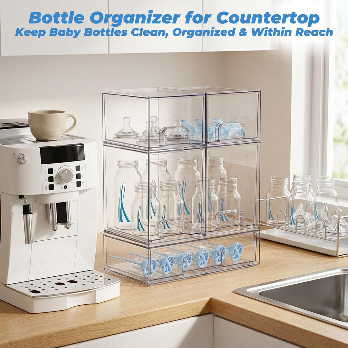 Stowgo stackable drawer system designed for nursery countertop organization.