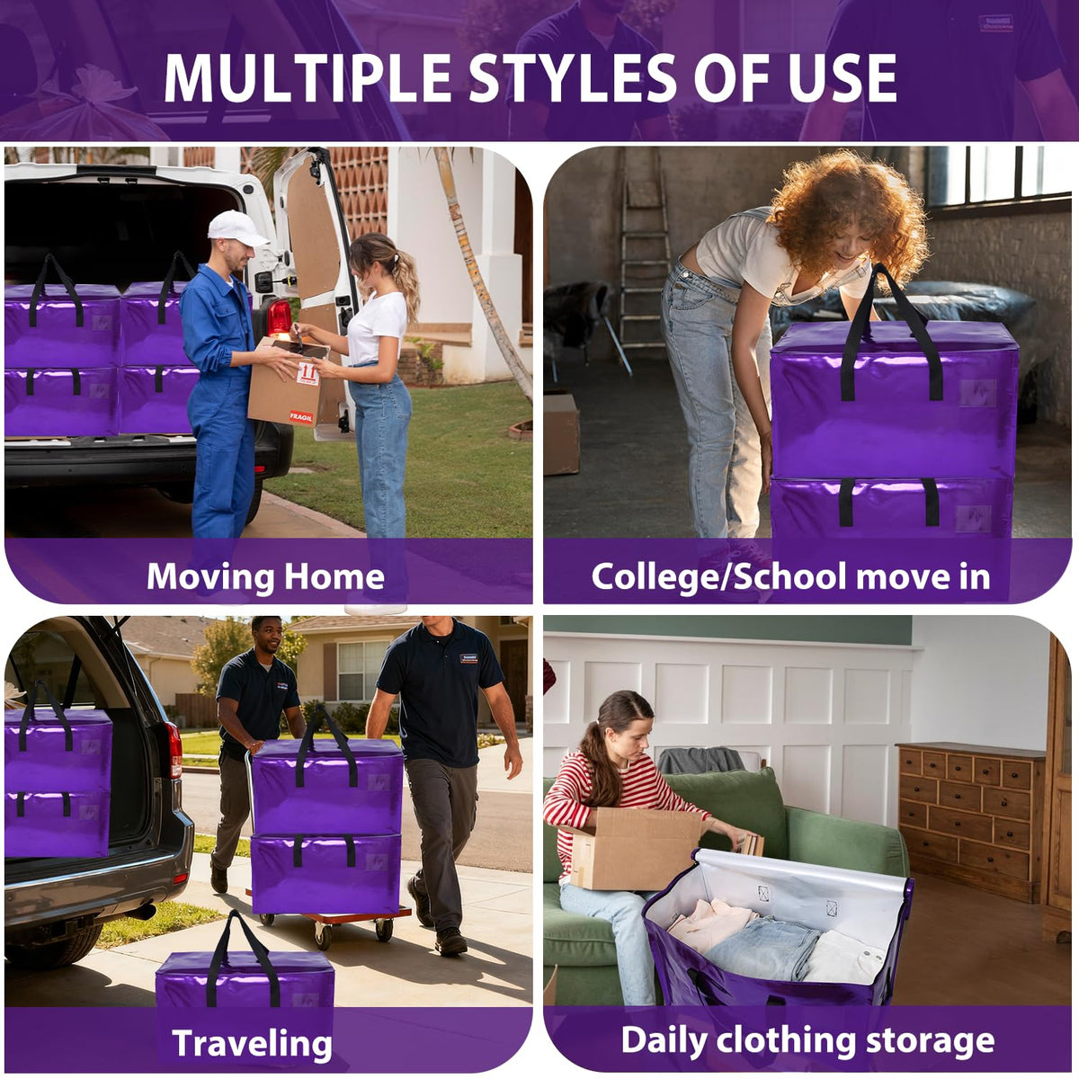 STOWM 6-pack moving bags wide-mouth opening for quick loading.