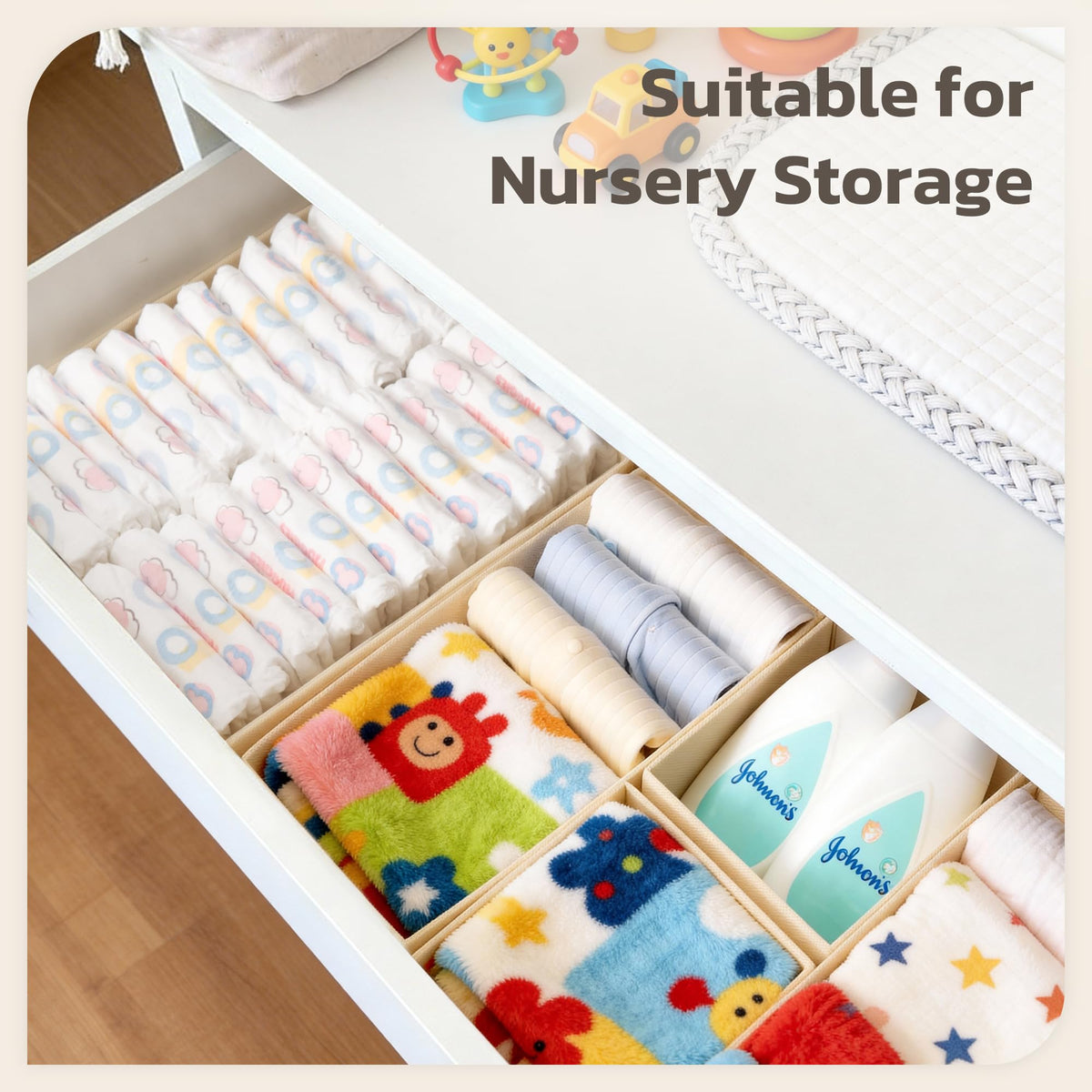 Stowsia breathable non-woven fabric material for durable, breathable drawer storage.
