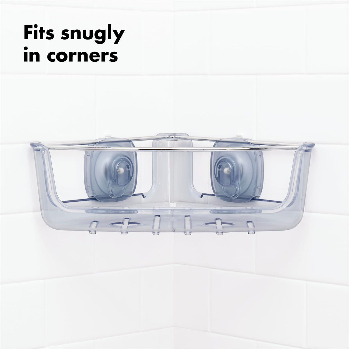 OXO StrongHold suction cups secure the basket on smooth shower surfaces.