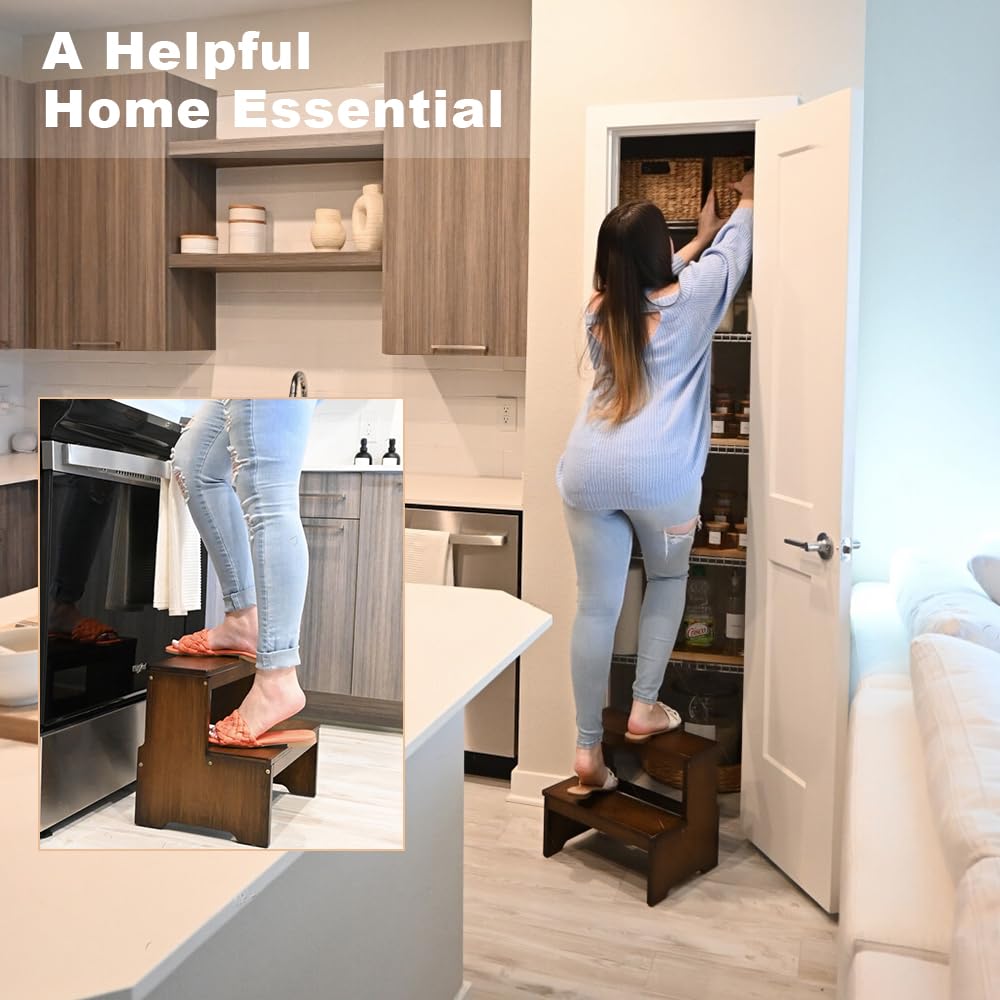 StrongTek Bamboo Two Step Stool anti-slip bottom ensures stable footing on floors