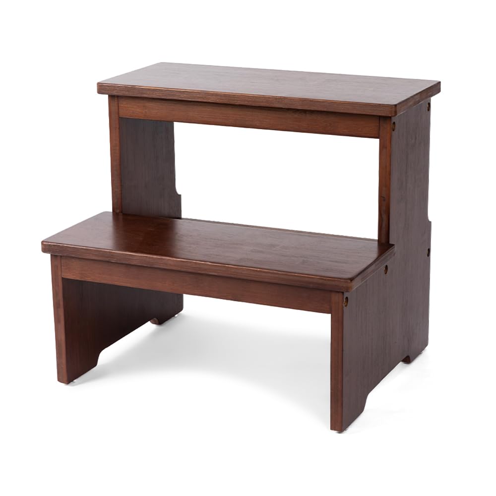 StrongTek bamboo two step stool with anti-slip bottom for stable reach.