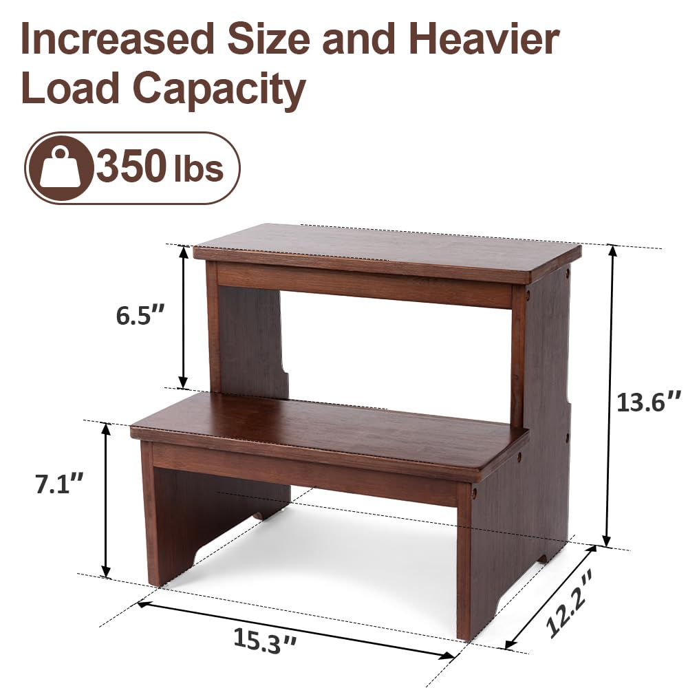 StrongTek bamboo two step stool heavy-duty design supports up to 350 lbs.