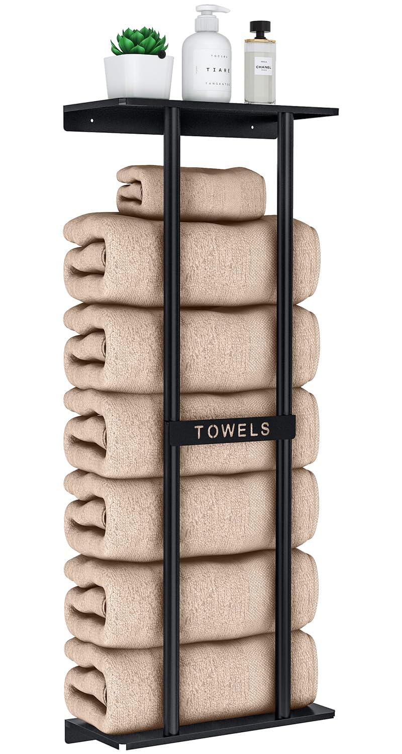 STWWO towel rack with 30-inch shelf provides space-saving bathroom storage.