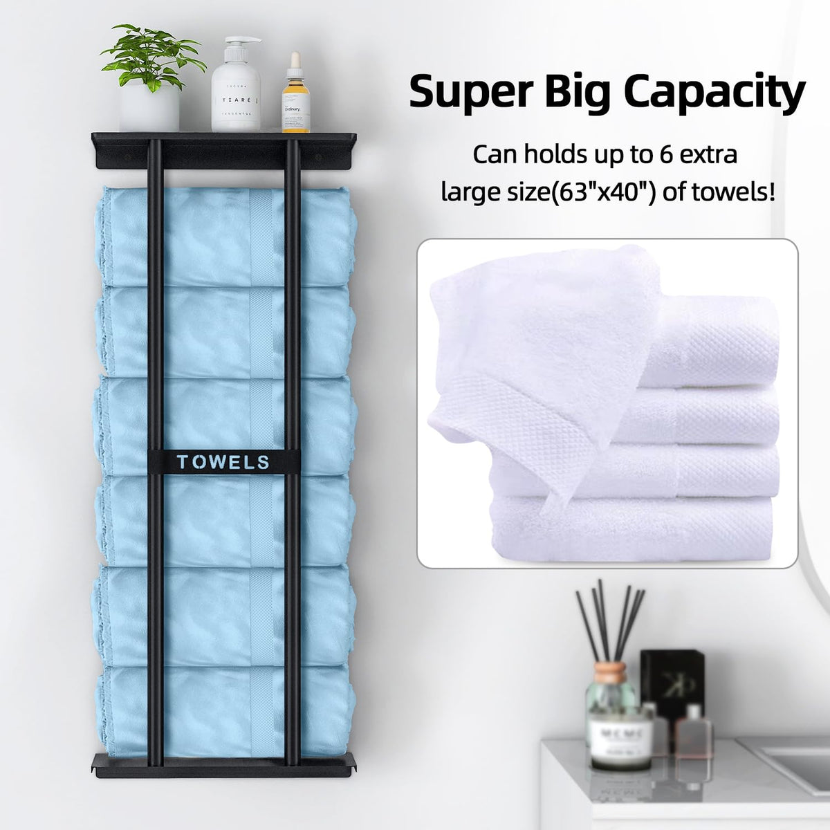 STWWO black wall-mounted rack adds sleek, modern bathroom décor.