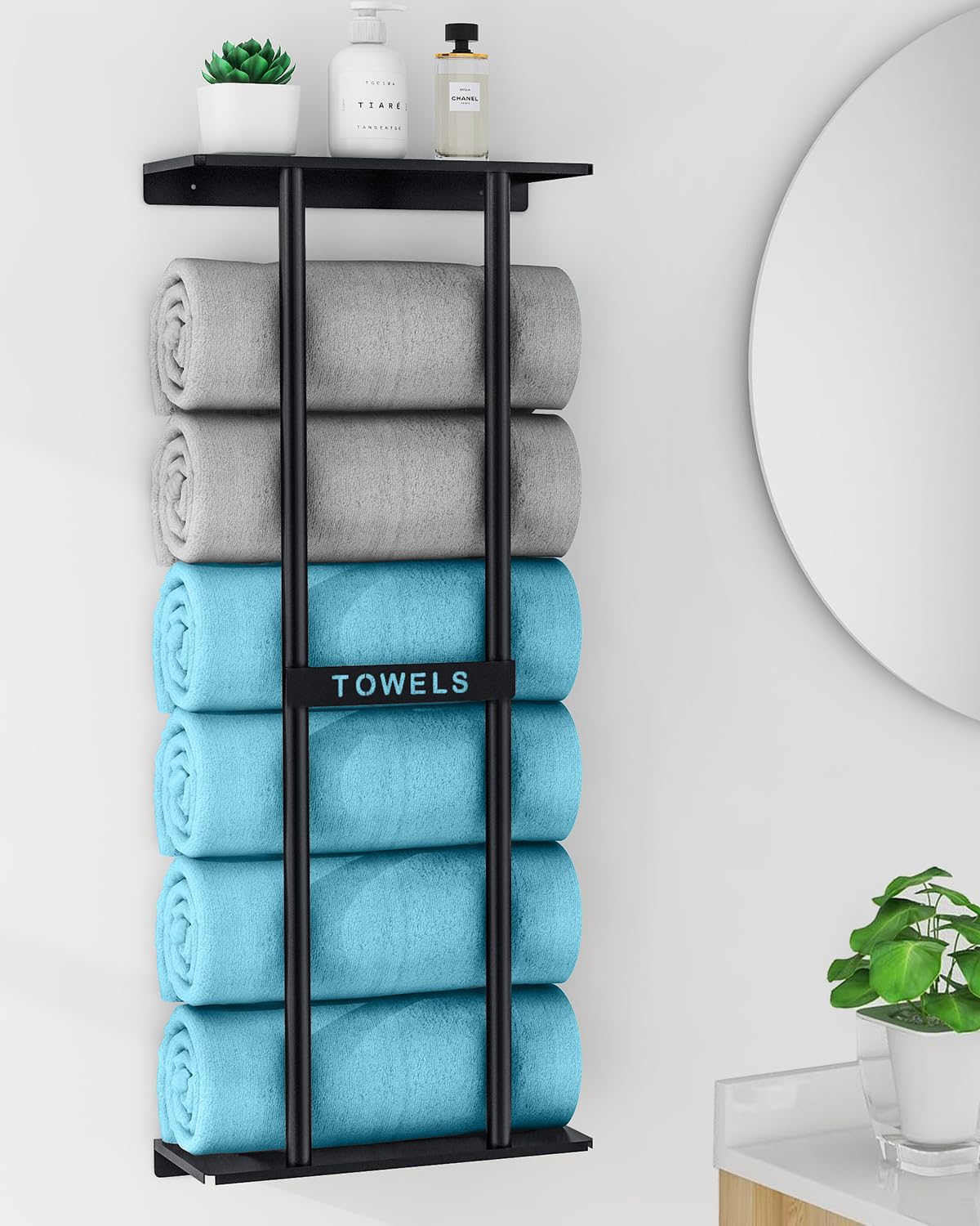 STWWO rack holds six large rolled towels for easy access.