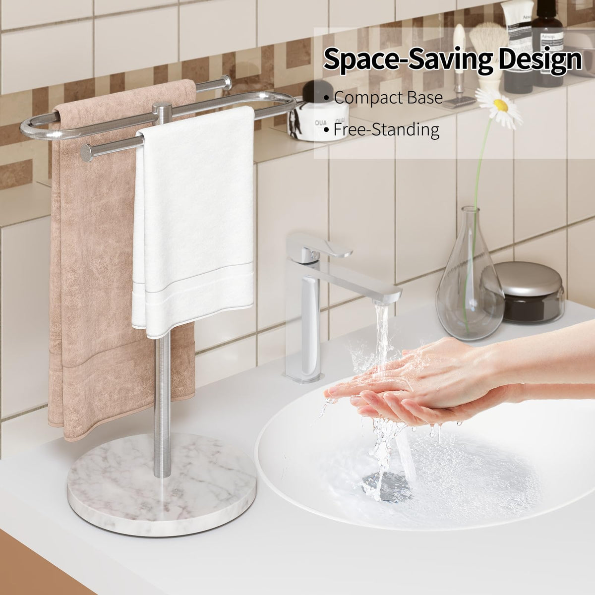 STWWO brushed nickel finish S-shape stand adds modern elegance.