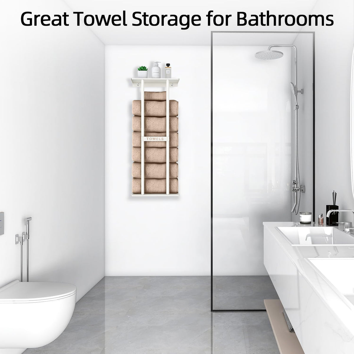 STWWO white finish towel rack blends with bathroom decor.