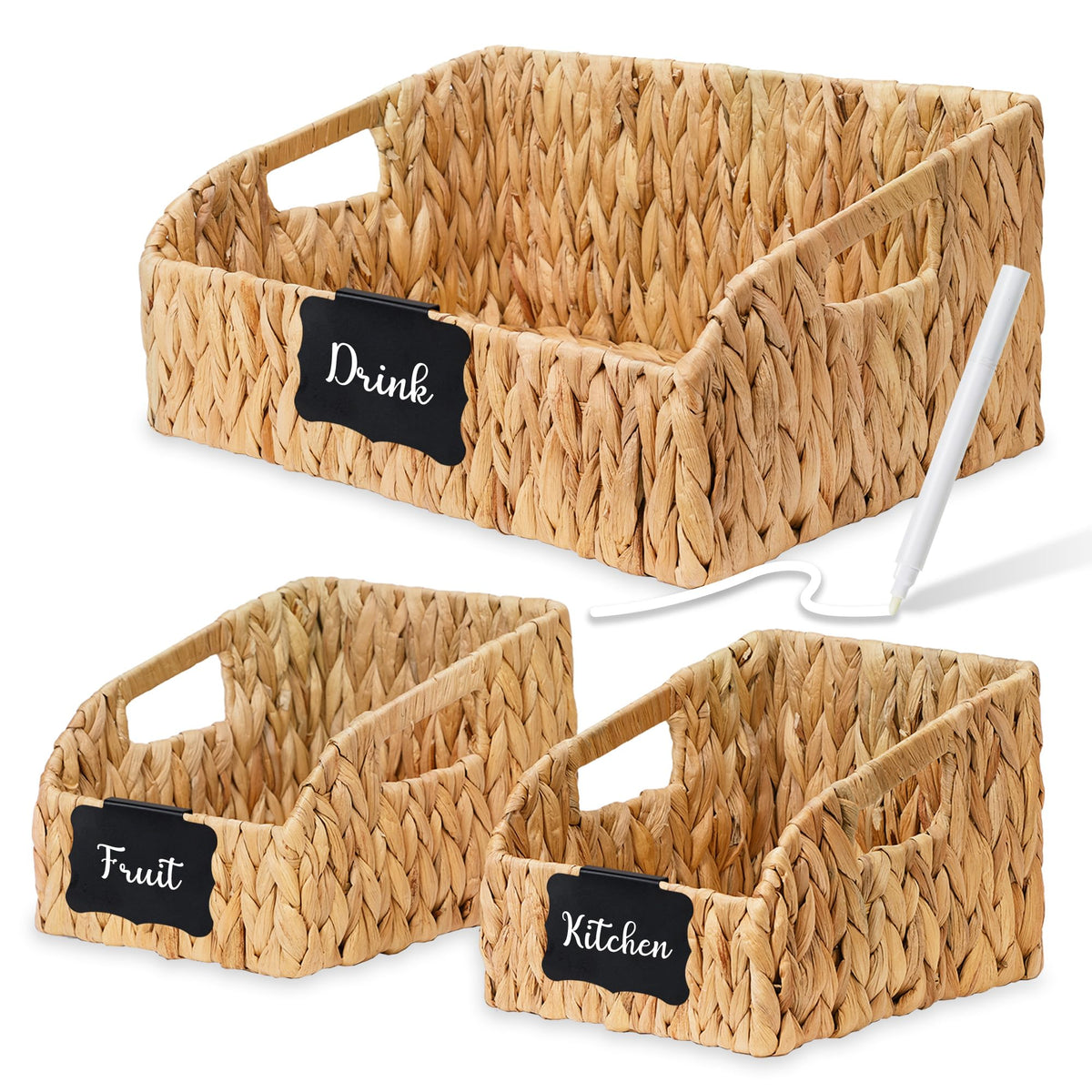 Stylave water hyacinth labeled storage basket with chalkboard labels for easy pantry categorization.
