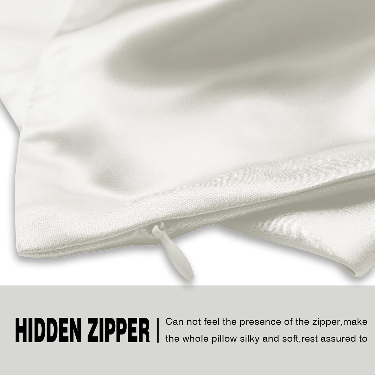 Suatien ivory silk pillowcase close-up shows hidden zipper detail.